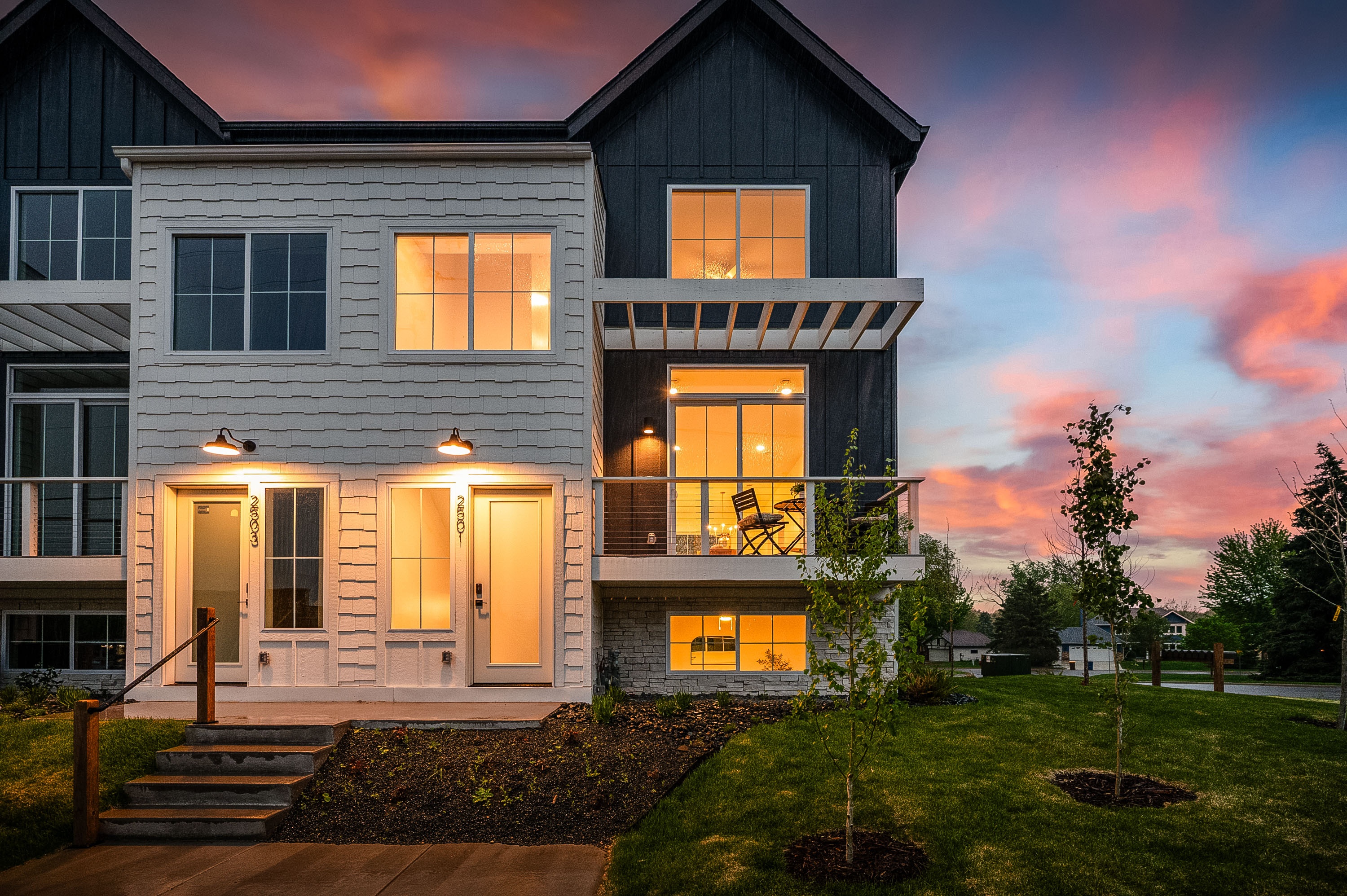 Wildwood Rowhomes exterior at dusk